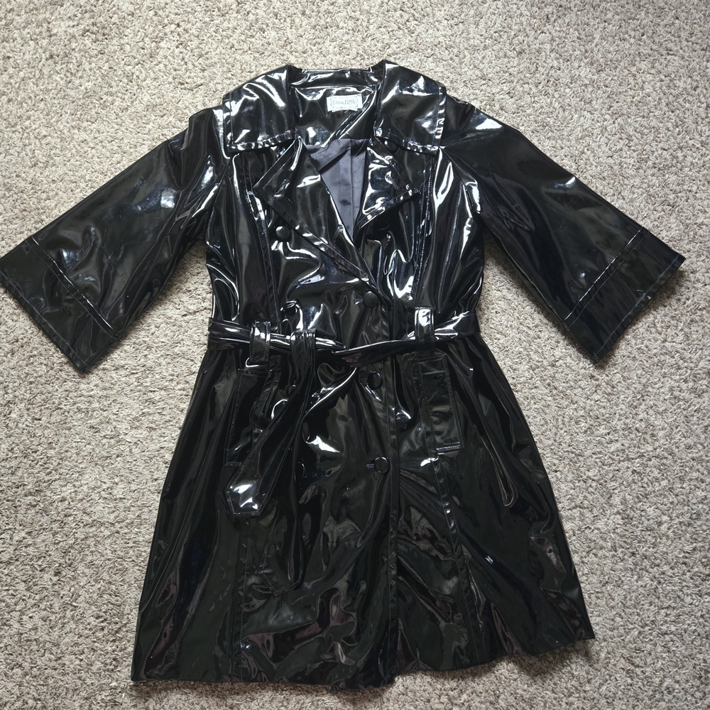 Live a Little Black Patent Glossy Trench Coat Size Small Belted Chic